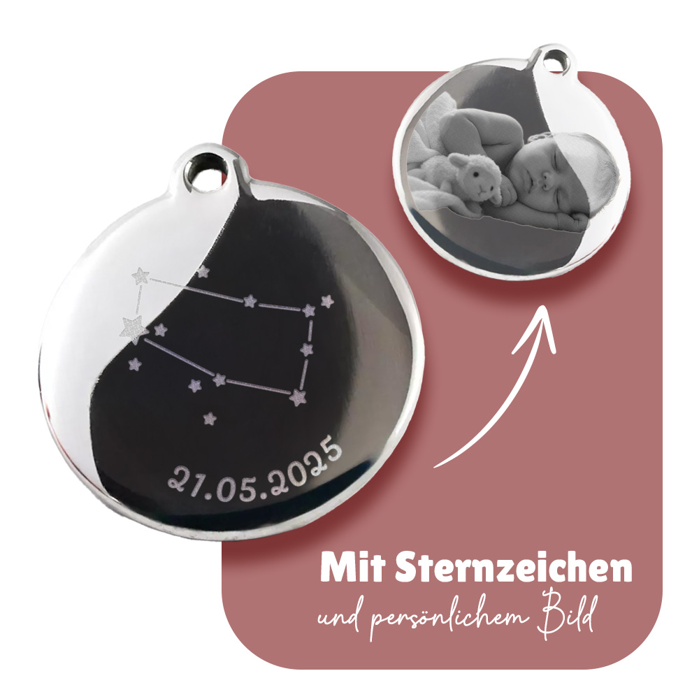 Sternzeichen Kettenanhänger rund | Personalisiert mit Datum und FOTO | Individuelle Gravur